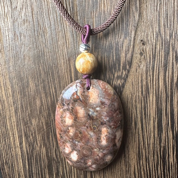 Jewelry - Ocean Jasper Pendant Necklace, Palo Santo Bead on Brown Rope